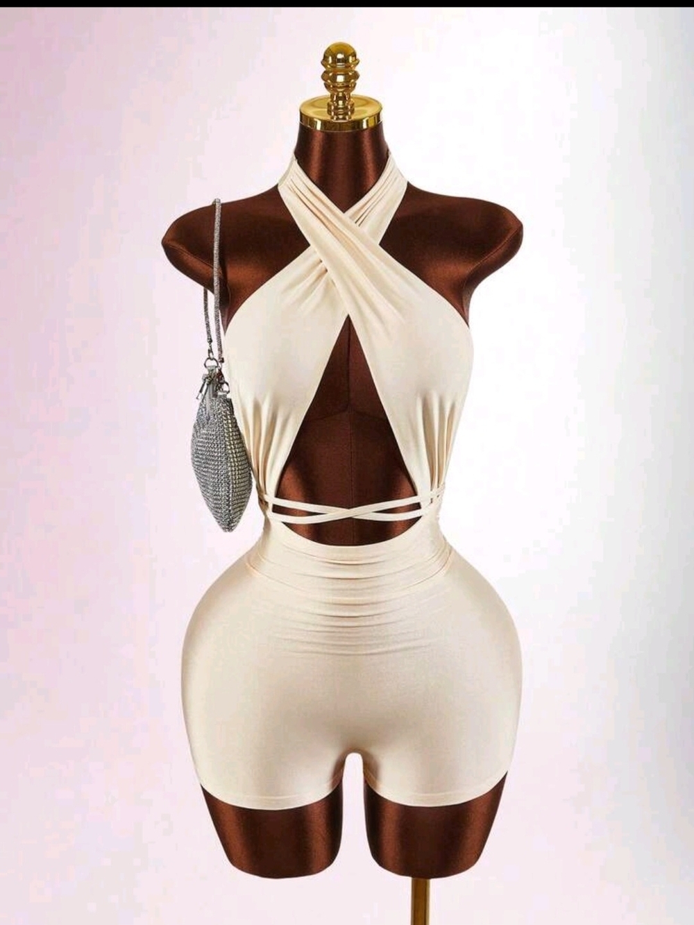 Cream Crisscross Halter Tie-Back Romper - Women Tops